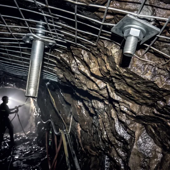 Rock-bolt and mesh fastening hardware installed in an underground mine tunnel