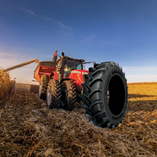 Galaxy agricultural tyre with a tractor working a field