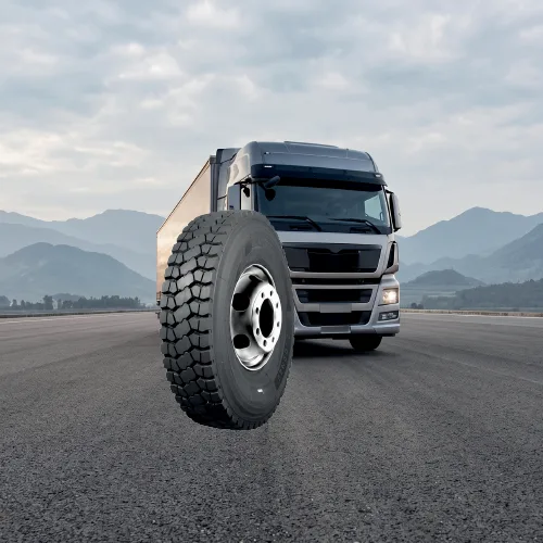 Truck and bus tyre with a semi-truck on the highway